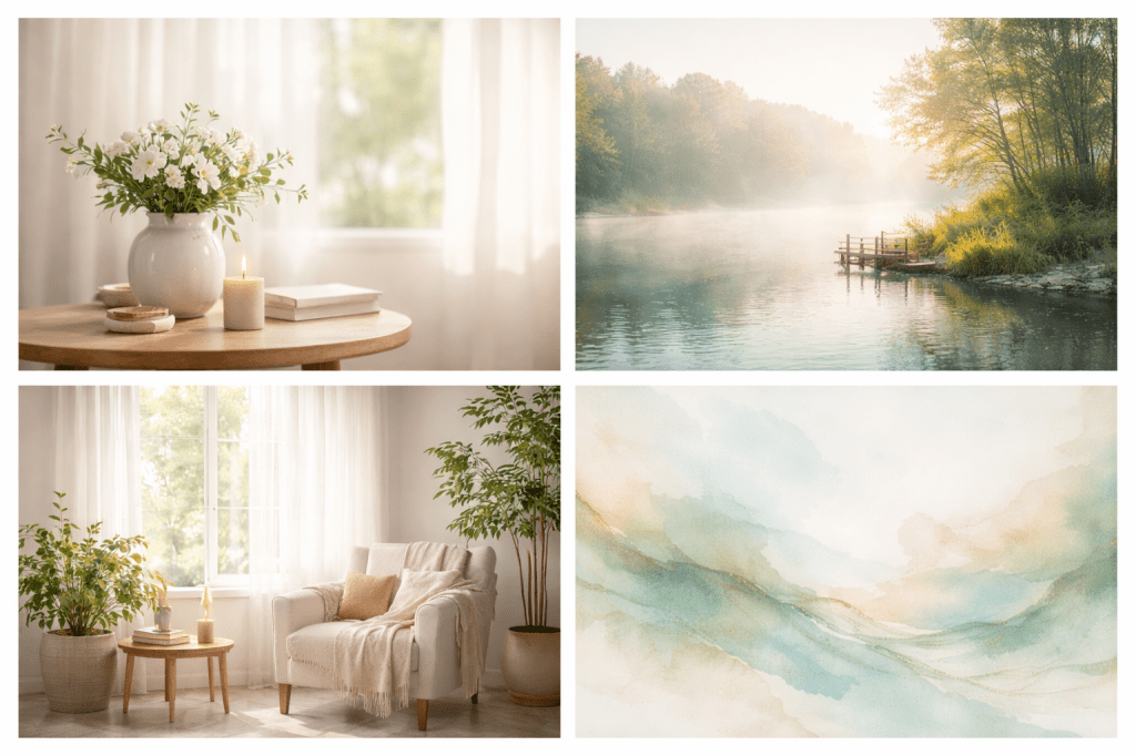 A soft, calming collage featuring a peaceful living space, a serene lakeside scene, a simple floral arrangement, and a gentle watercolor design in warm, neutral tones, creating a soothing and welcoming atmosphere that reflects comfort, healing, and emotional wellness.